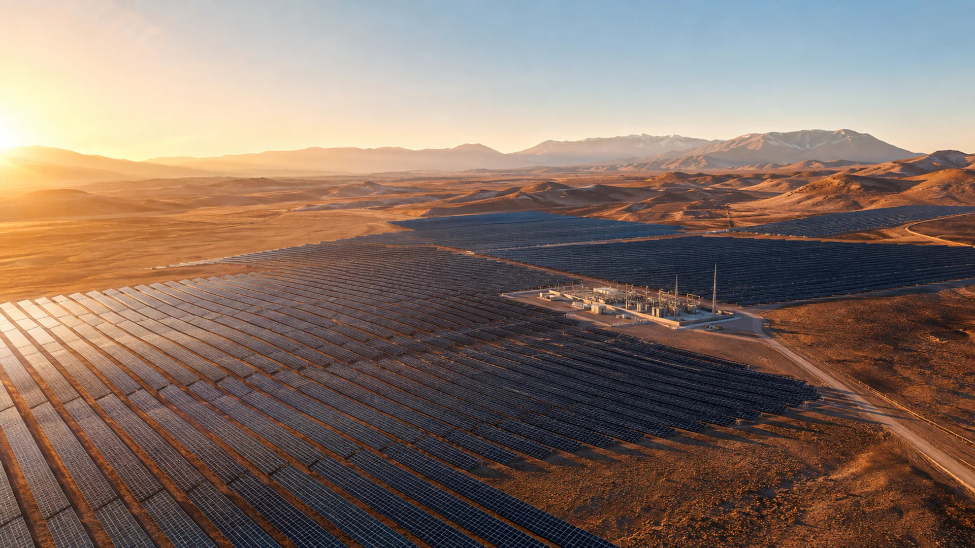Parque fotovoltaico de gran escala en un paisaje árido chileno.