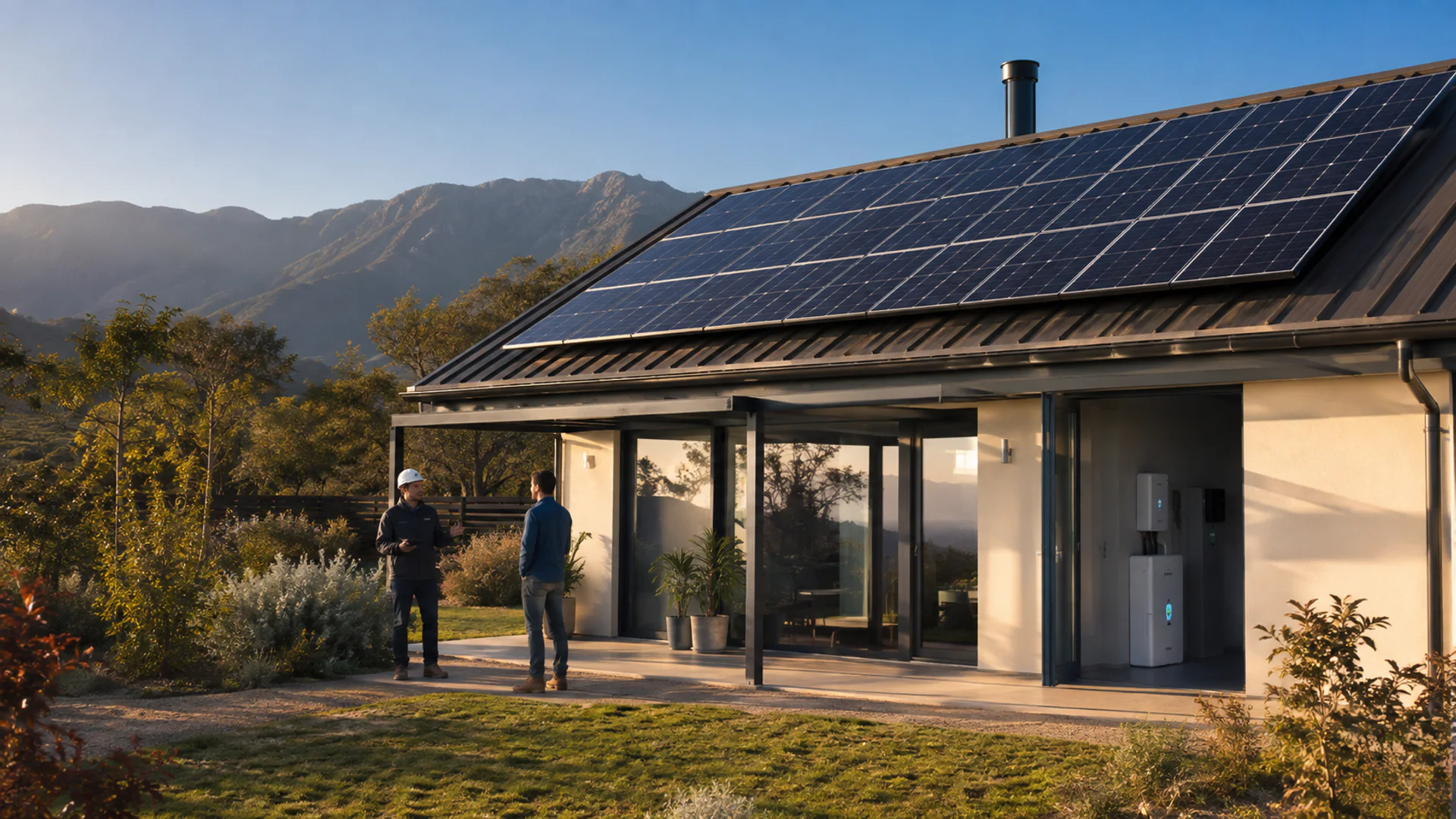Vivienda contemporánea equipada con paneles solares e inversor.
